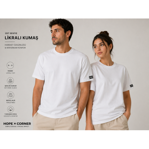 HOPE CORNER Unisex Basic Tişört 100 Pamuk Likralı Rahat Kalıp Beyaz