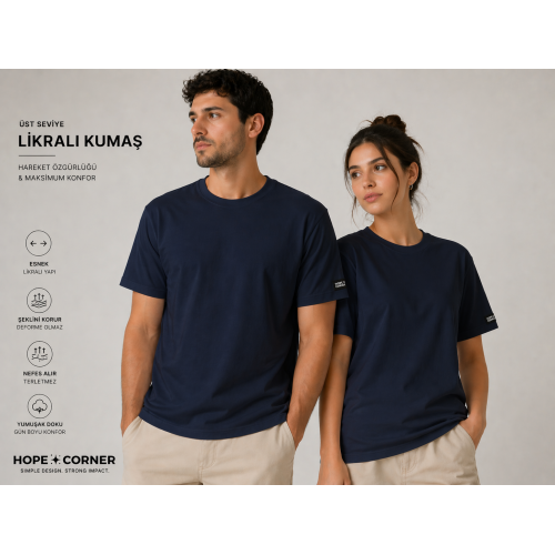 HOPE CORNER Unisex Basic Tişört 100 Pamuk Likralı Rahat Kalıp LACİVERT