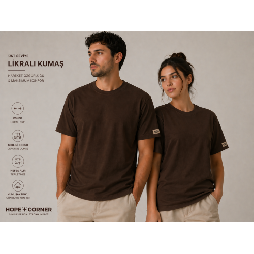 HOPE CORNER Unisex Basic Tişört 100 Pamuk Likralı Rahat Kalıp KAHVERENGİ