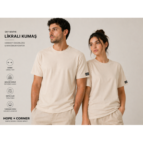 HOPE CORNER Unisex Basic Tişört 100 Pamuk Likralı Rahat Kalıp KUMBEJİ