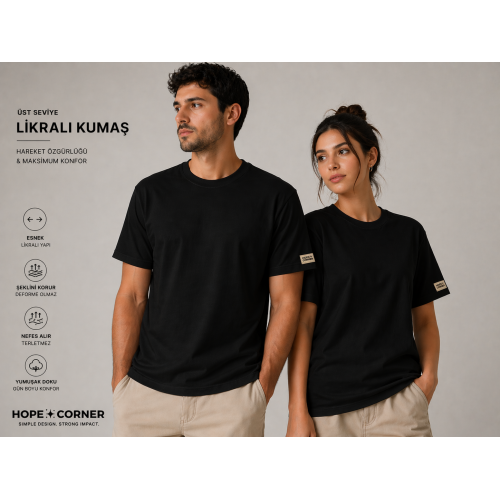 HOPE CORNER Unisex Basic Tişört 100 Pamuk Likralı Rahat Kalıp SİYAH
